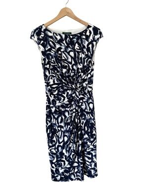 Lauren Ralph Lauren Floral Boatneck Midi Length Dress in White and Blue - Size 6